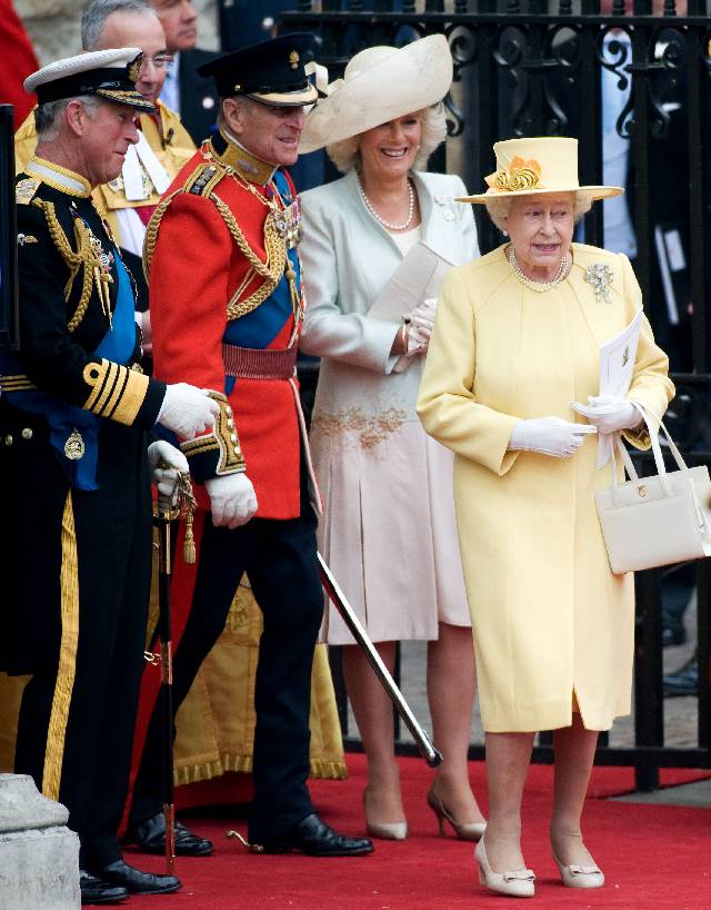 LONDON - APRIL 29: (L-R) Prince Charles,Prince of Wales, Prince Philip, Duke of Edinbugh, Camilla, Duchess of Cornwall and Queen Elizabeth II depart the marriage of Their Royal Highnesses Prince William Duke of Cambridge and Catherine Duchess of Cambridge at Westminster Abbey on April 29, 2011 in London, England. (Photo by Samir Hussein/WireImage)