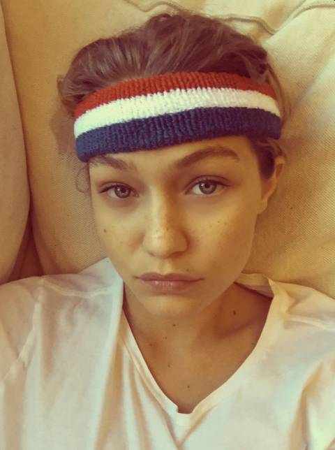 The model shows off her freckles in a makeup free selfie captioned, Frex @gigihadid