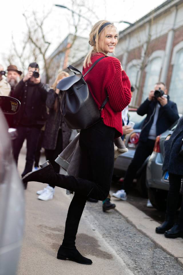 MILAN, ITALY - FEBRUARY 26: Supermodel Karlie Kloss exits the Fendi show with a Mansur Gavriel backpack on Day 2 of Milan Fashion Week FW15 on February 26, 2015 in Milan, Italy. (Photo by Melodie Jeng/Getty Images)