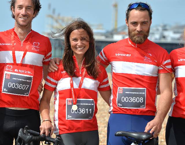 BRIGHTON, ENGLAND - JUNE 21: Pippa Middleton and James Middleton Finish the London To Brighton Bike Ride For British Heart Foundation on June 21, 2015 in Brighton, England. (Photo by Anthony Harvey/Getty Images)