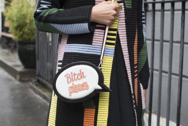 LONDON, ENGLAND - SEPTEMBER 21: Digital and Social Media Director Sarah Somberg wears Peter Pilotto coat and Sophia Webster bag on day 4 during London Fashion Week Spring/Summer 2016/17 on September 21, 2015 in London, England. (Photo by Kirstin Sinclair/Getty Images)*** Local Caption *** Sarah Somberg