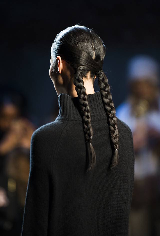 NEW YORK, NY - FEBRUARY 14: A model, hair detail, walks the runway during Sally LaPointe show during Fall 2016 New York Fashion Week on February 14, 2016 in New York City.. (Photo by Jenny Anderson/WireImage)