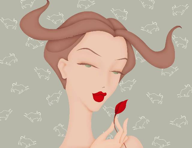 Beautiful woman with horns in hair and Taurus astrology sign pattern wallpaper