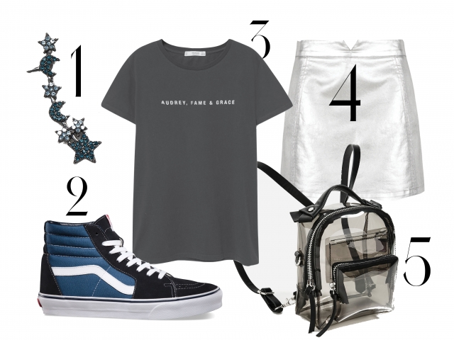 1. Fülbevaló szett, Zara, 3595 Ft, 2. Cipő, Vans, 19 990 Ft, 3. Felső, Mango, 4595 Ft, 4. Szoknya, Pull and Bear, 5995 Ft, 5. Plasztik táska, Zara, 9995 Ft