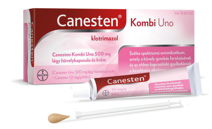 A Canesten Kombi Uno lágy hüvelykapszula és krém vény nélkül kapható gyógyszer. Hatóanyag: klotrimazol. Forgalmazza: Bayer Hungária Kft. Budapest 1117 Dombóvári út 26.