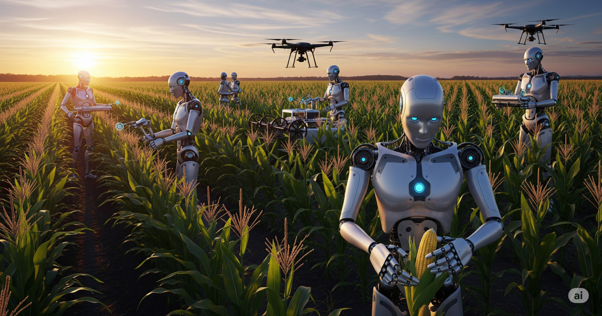 Kukoricaföldön dolgozó humanoid robotok