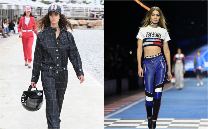 Bal oldali fotó: a Chanel 2023-as kollekciója, melyet a motorsport ihletettJobb oldali fotó: Gigi Hadid 2018-ban a Tommy Hilfiger autóversenyzés ihlette kollekciójának egy darabjában